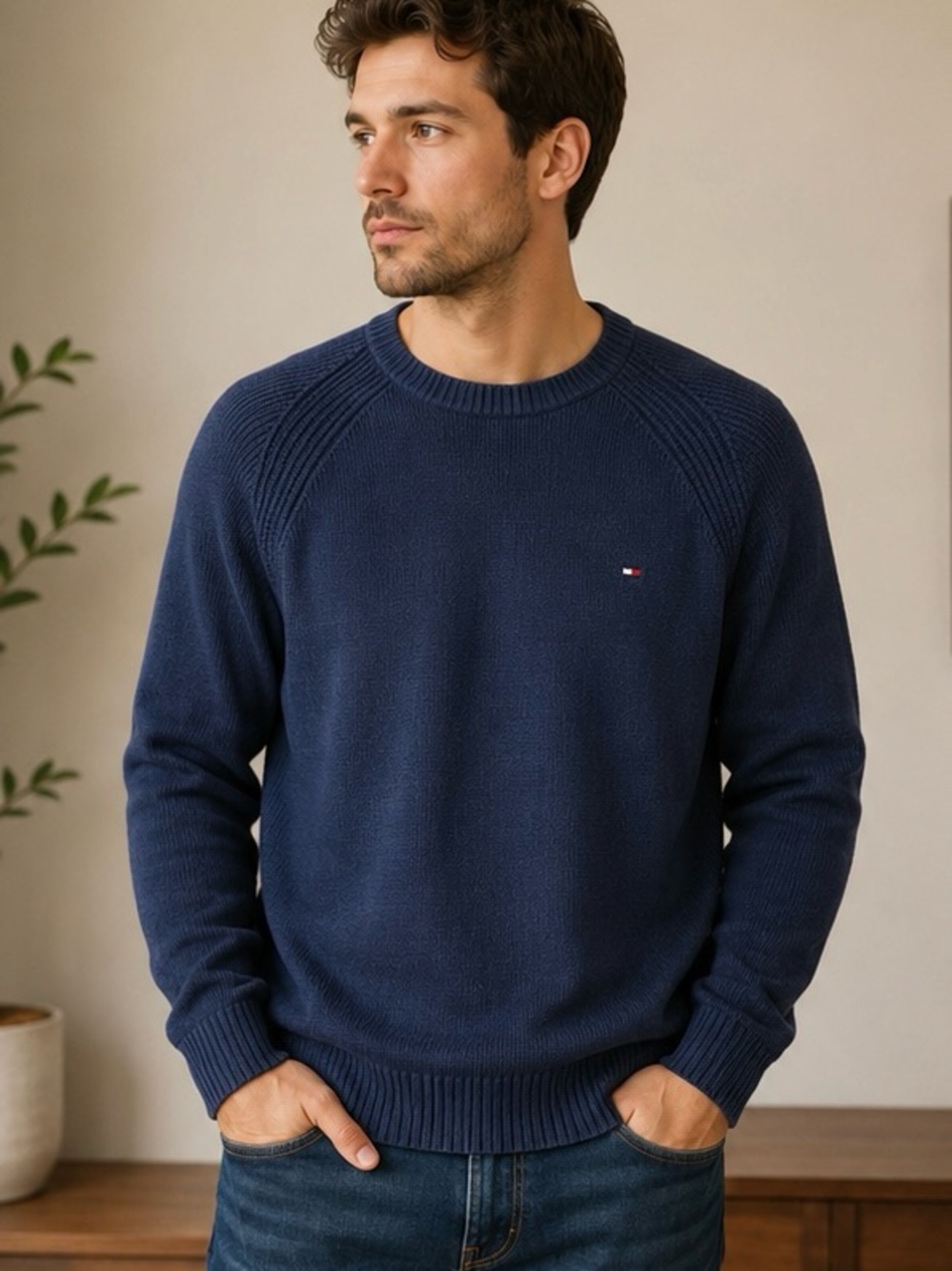 Tommy Hilfiger Men’s Large Blue Knit Crewneck Sweater Raglan Pullover
